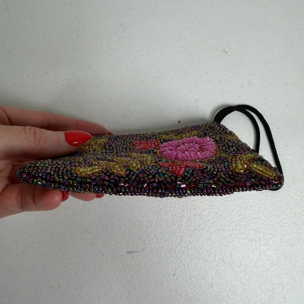 Vintage Small Coin Purse Beaded Floral Iridescent Purple Pink Wristlet Pouch